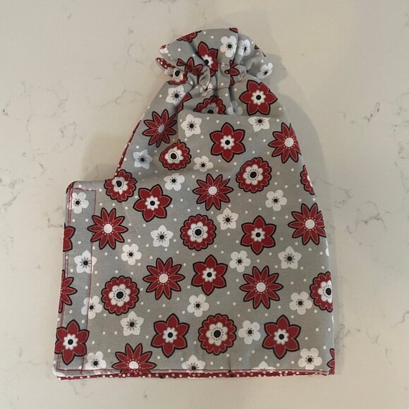 Hand Crafted Fabric French Press Cozy w Velcro Closure Floral Print Gry Red OS - Picture 4 of 4